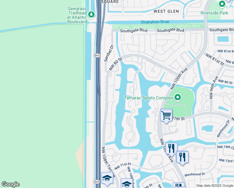 map of restaurants, bars, coffee shops, grocery stores, and more near 7484 North Devon Drive in Tamarac