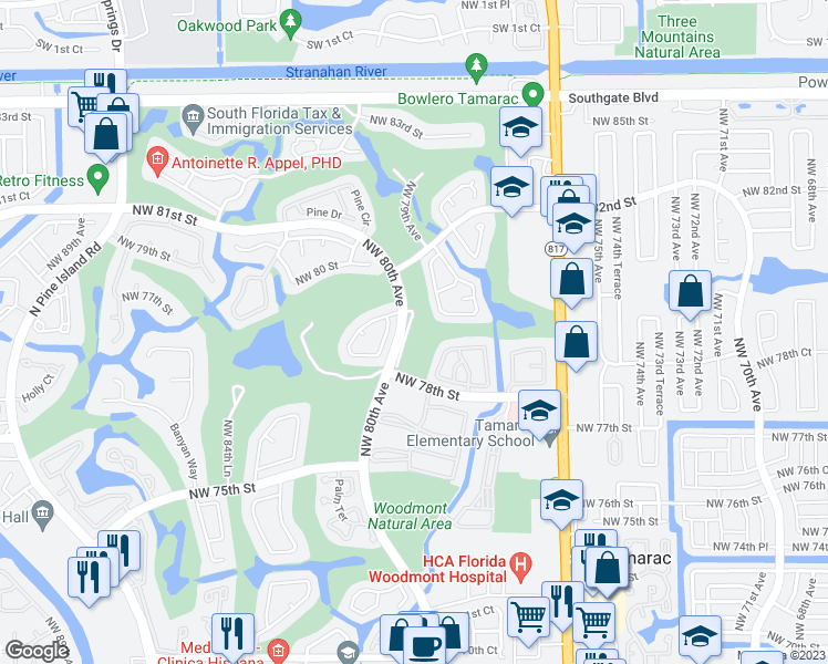 map of restaurants, bars, coffee shops, grocery stores, and more near 7840 Northwest 79th Terrace in Tamarac