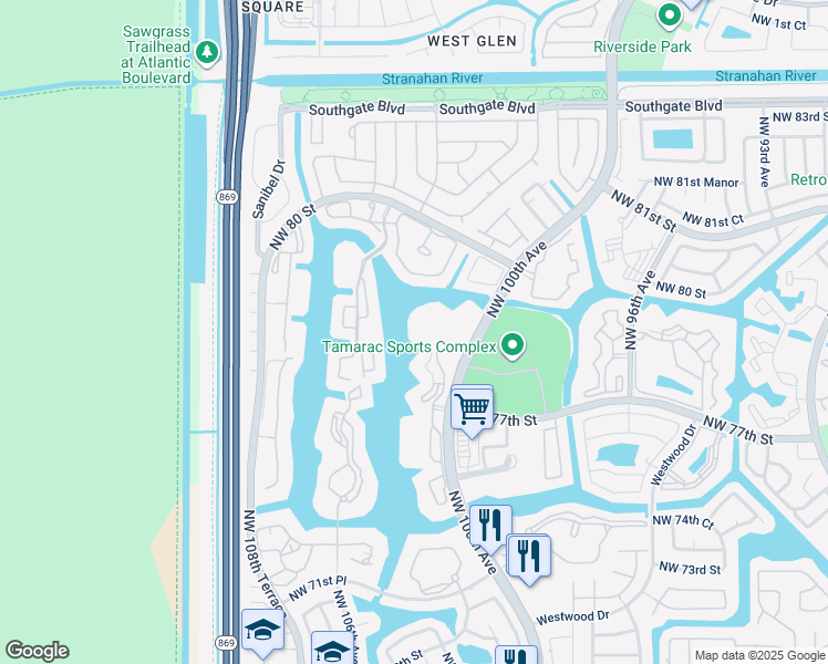 map of restaurants, bars, coffee shops, grocery stores, and more near 7727 Southampton Terrace in Tamarac