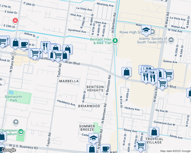 map of restaurants, bars, coffee shops, grocery stores, and more near 4601 West Maple Avenue in McAllen