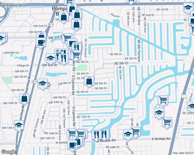 map of restaurants, bars, coffee shops, grocery stores, and more near 261 Southeast 8th Street in Pompano Beach
