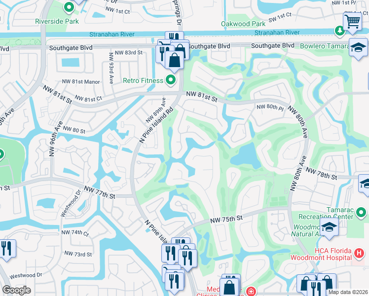 map of restaurants, bars, coffee shops, grocery stores, and more near 7626 Northwest 87th Avenue in Tamarac