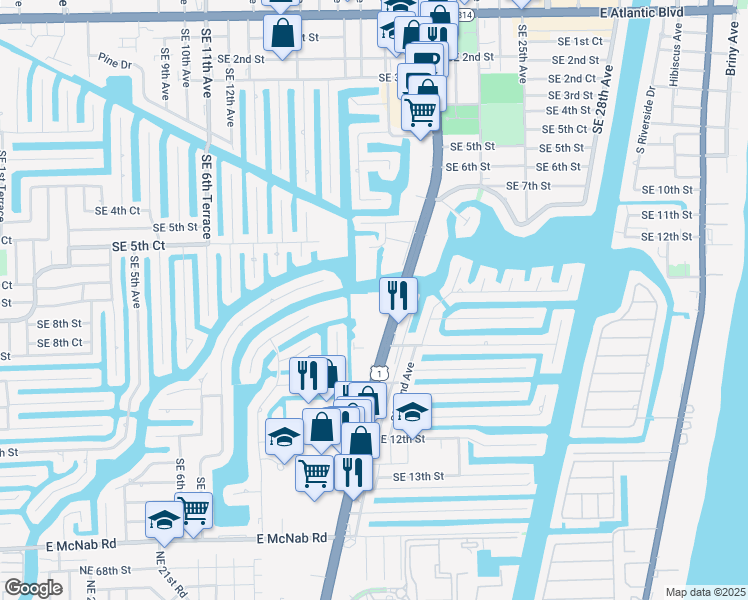 map of restaurants, bars, coffee shops, grocery stores, and more near 801 South Federal Highway in Pompano Beach