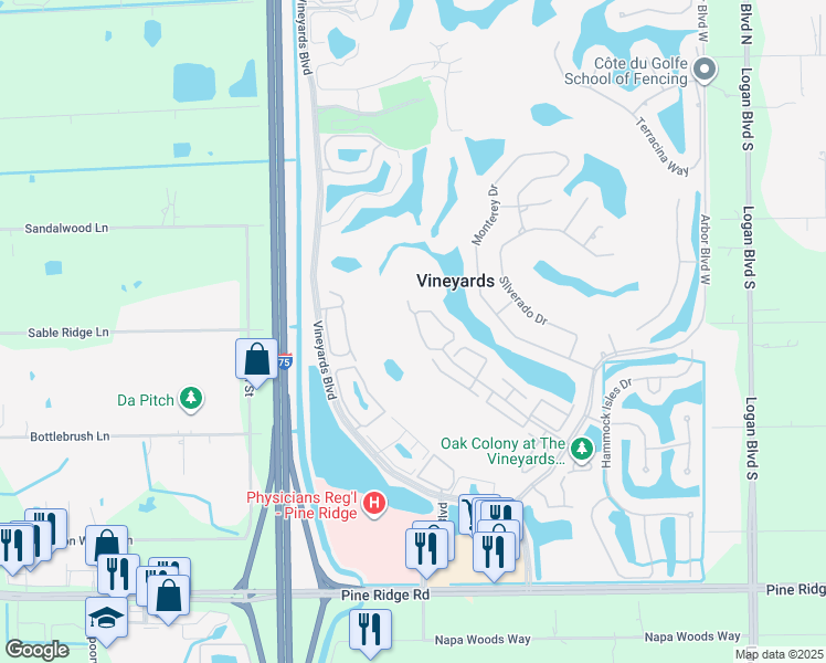 map of restaurants, bars, coffee shops, grocery stores, and more near 85 Silver Oaks Circle in Naples