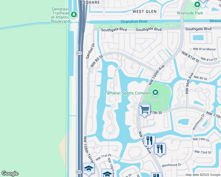 map of restaurants, bars, coffee shops, grocery stores, and more near 7629 Granville Drive in Tamarac