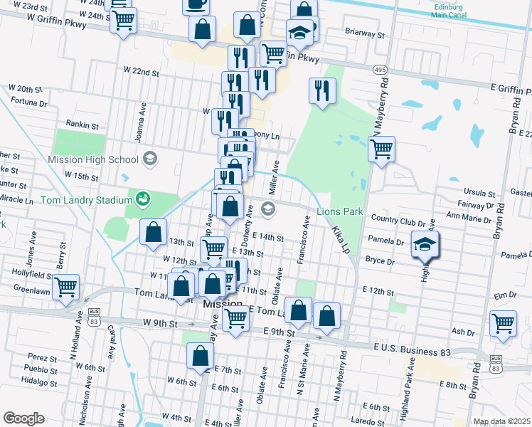 map of restaurants, bars, coffee shops, grocery stores, and more near 1602 Miller Avenue in Mission