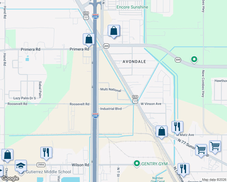 map of restaurants, bars, coffee shops, grocery stores, and more near Northridge Avenue in Harlingen
