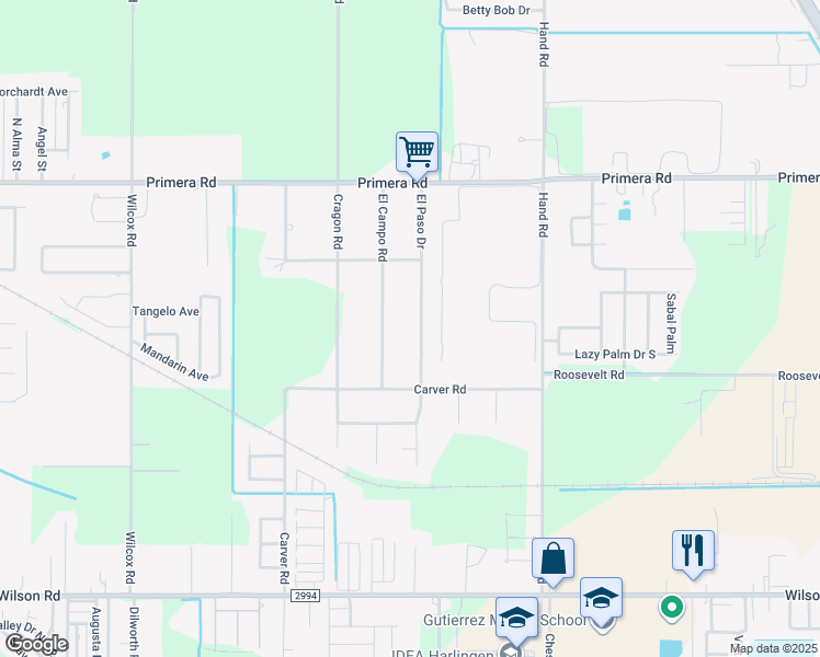 map of restaurants, bars, coffee shops, grocery stores, and more near 23279 El Paso Drive in Harlingen