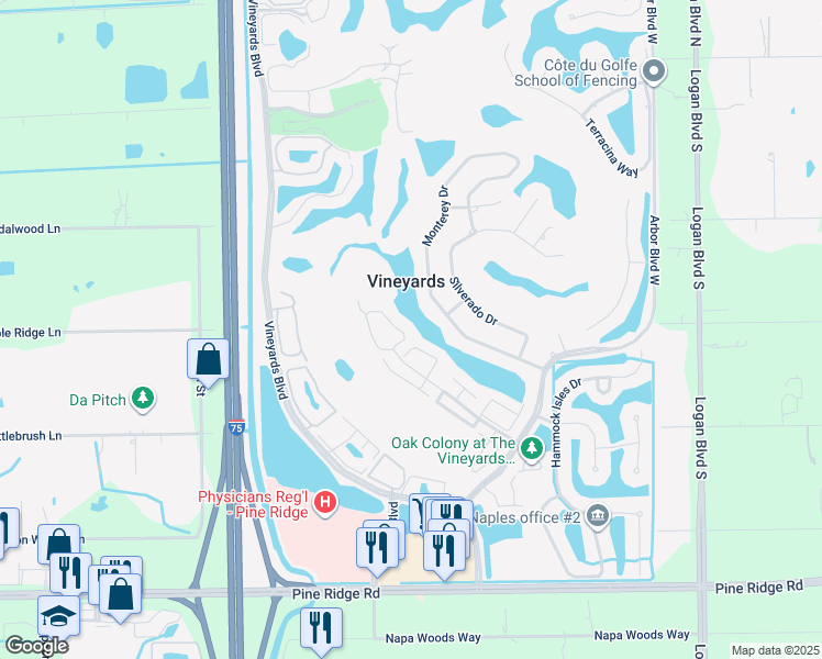 map of restaurants, bars, coffee shops, grocery stores, and more near 61 Silver Oaks Circle in Naples