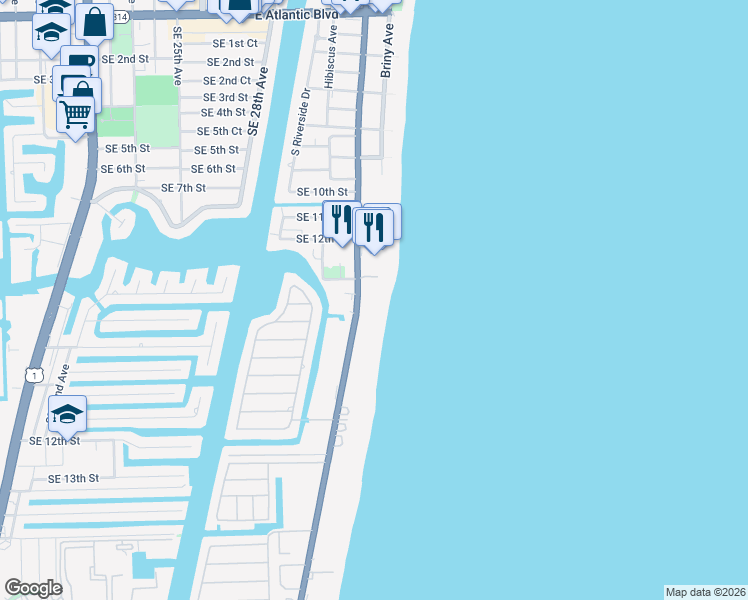 map of restaurants, bars, coffee shops, grocery stores, and more near 1340 South Ocean Boulevard in Pompano Beach