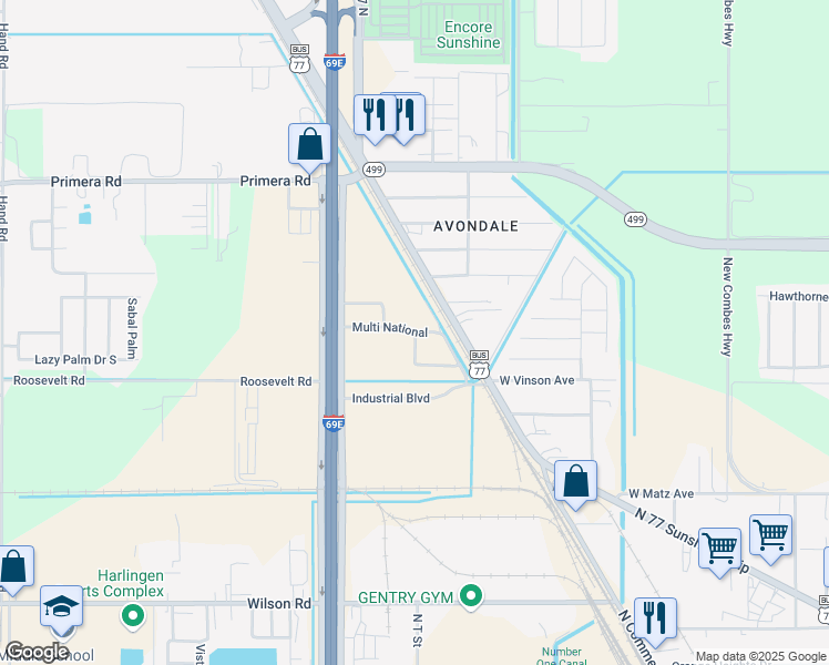 map of restaurants, bars, coffee shops, grocery stores, and more near Multi National in Harlingen