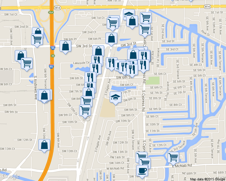 map of restaurants, bars, coffee shops, grocery stores, and more near 259 Southwest 7th Street in Pompano Beach