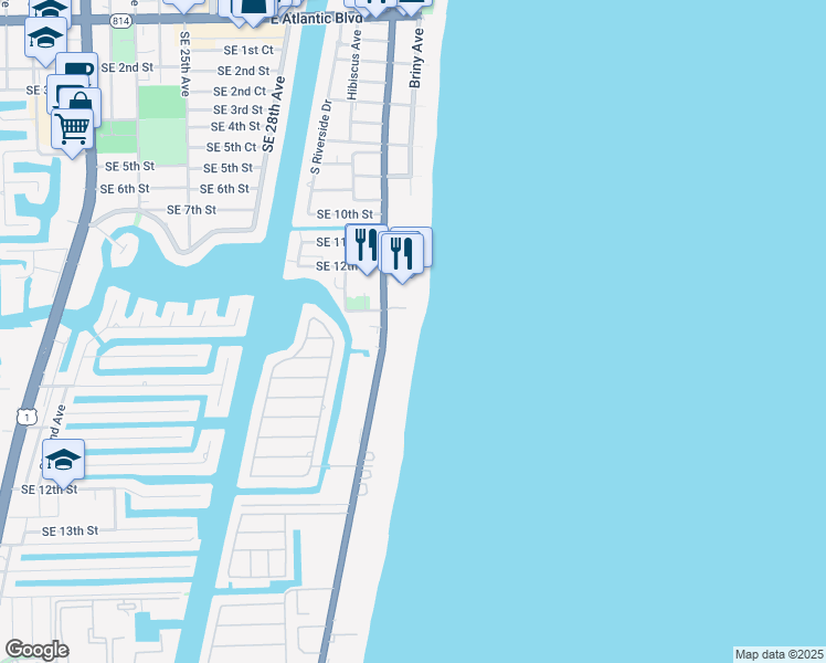 map of restaurants, bars, coffee shops, grocery stores, and more near 1220 South Ocean Boulevard in Pompano Beach