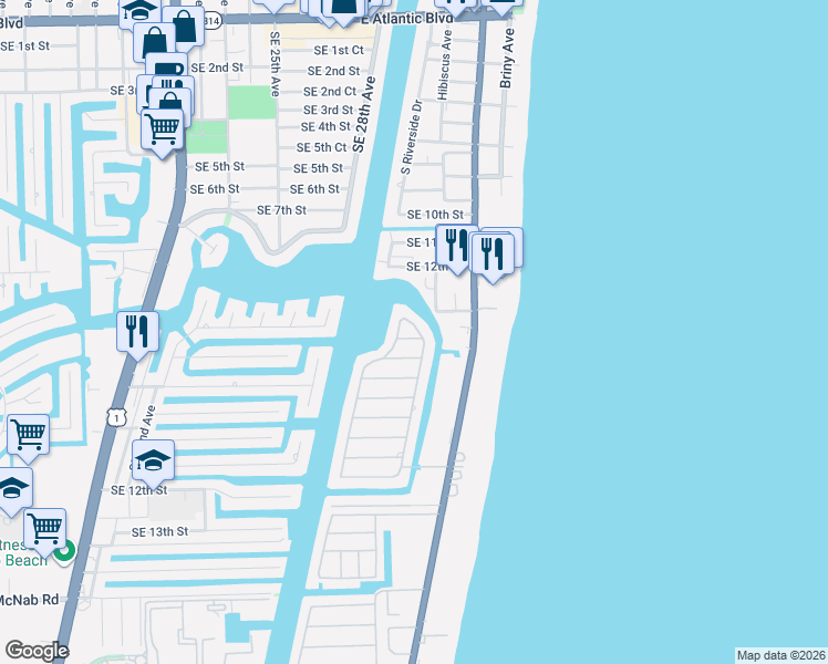 map of restaurants, bars, coffee shops, grocery stores, and more near 1311 East Terra Mar Drive in Pompano Beach