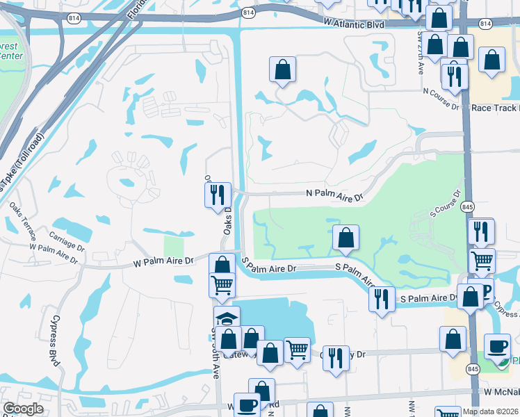 map of restaurants, bars, coffee shops, grocery stores, and more near 3170 Palm Aire Drive North in Pompano Beach