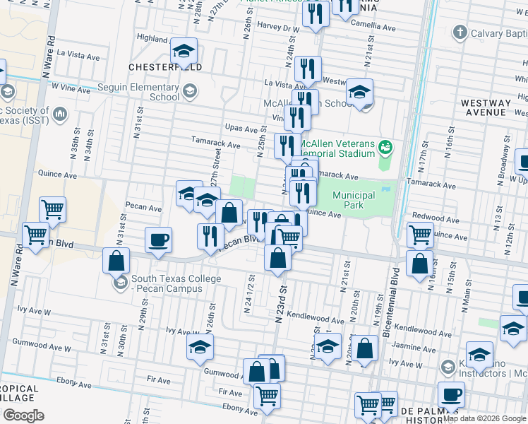 map of restaurants, bars, coffee shops, grocery stores, and more near 2408 Quince Avenue in McAllen