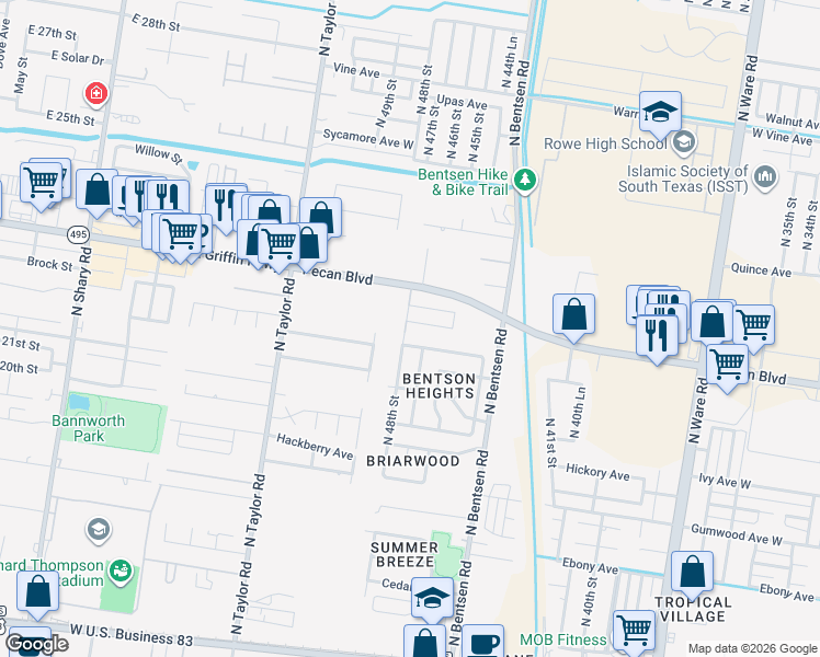 map of restaurants, bars, coffee shops, grocery stores, and more near 4513 Pecan Boulevard in McAllen