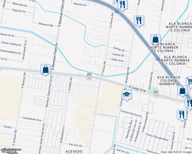 map of restaurants, bars, coffee shops, grocery stores, and more near 700 East Loop 374 in Palmview