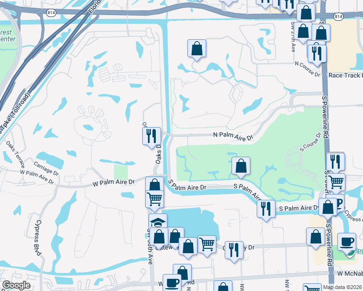 map of restaurants, bars, coffee shops, grocery stores, and more near 3170 Palm Aire Drive North in Pompano Beach