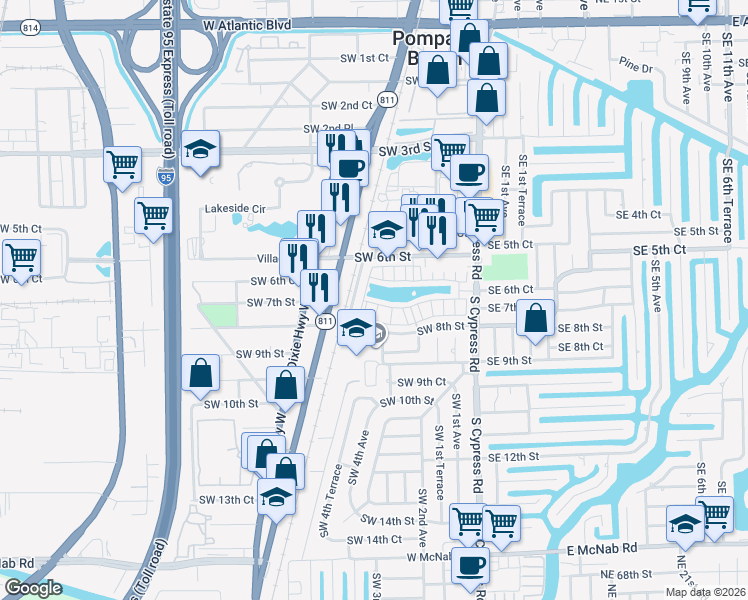 map of restaurants, bars, coffee shops, grocery stores, and more near 259 Southwest 7th Street in Pompano Beach