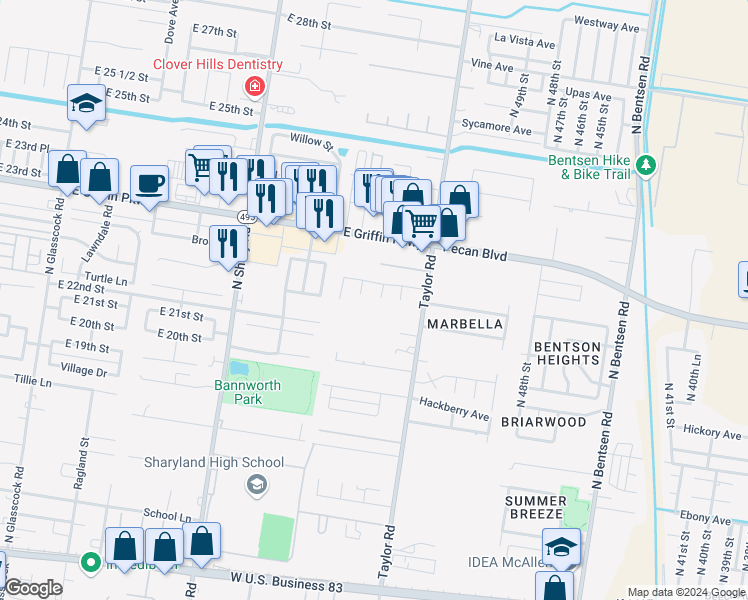 map of restaurants, bars, coffee shops, grocery stores, and more near 2213 Driftwood Drive in Mission