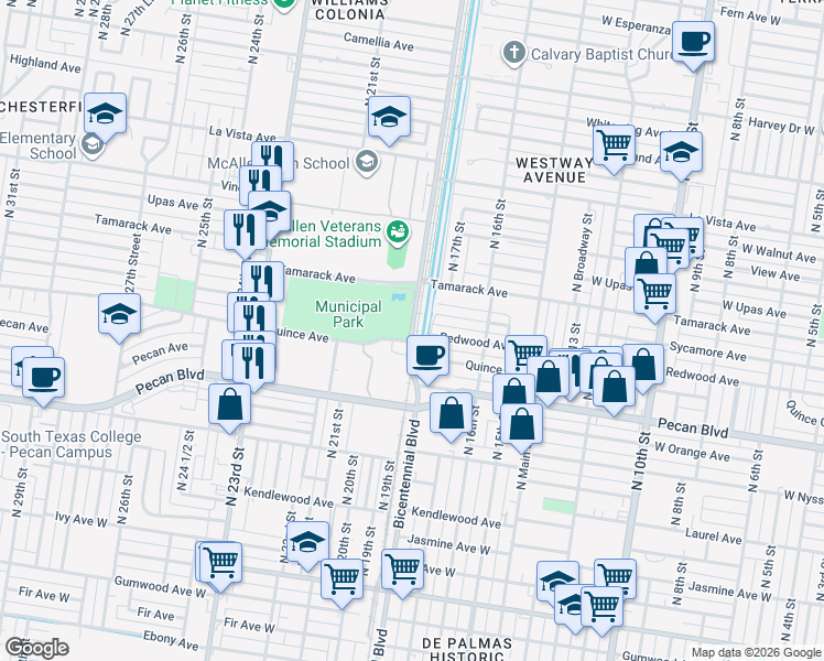 map of restaurants, bars, coffee shops, grocery stores, and more near 1775 North Bicentennial Boulevard in McAllen