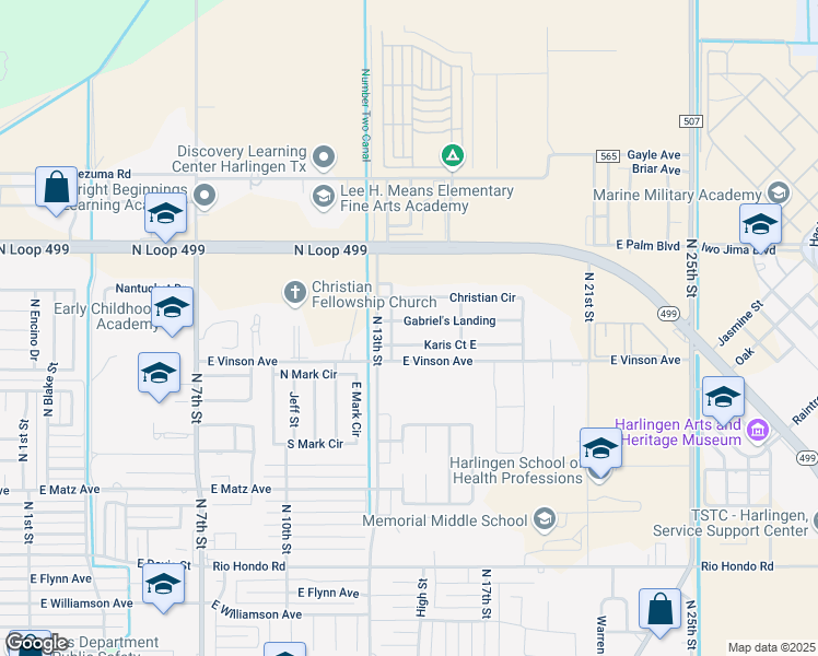 map of restaurants, bars, coffee shops, grocery stores, and more near 2818 North 13th Street in Harlingen