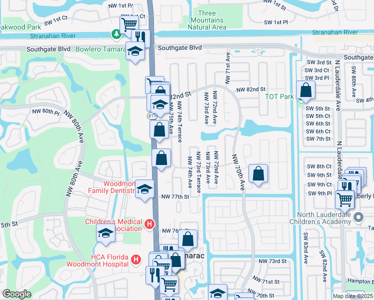 map of restaurants, bars, coffee shops, grocery stores, and more near 8002 Northwest 74th Terrace in Tamarac