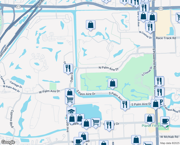 map of restaurants, bars, coffee shops, grocery stores, and more near 3117 Palm Aire Drive North in Pompano Beach