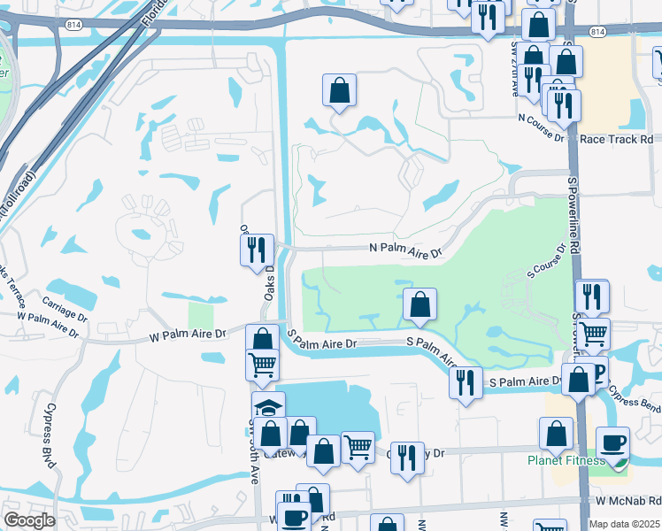 map of restaurants, bars, coffee shops, grocery stores, and more near 3170 Palm Aire Drive North in Pompano Beach