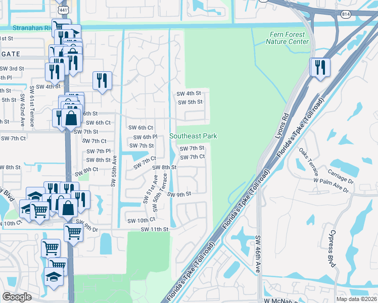 map of restaurants, bars, coffee shops, grocery stores, and more near 4990 Southwest 7th Street in Margate