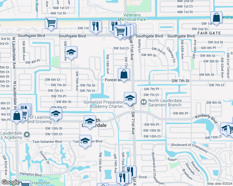 map of restaurants, bars, coffee shops, grocery stores, and more near 718 Southwest 73rd Avenue in North Lauderdale
