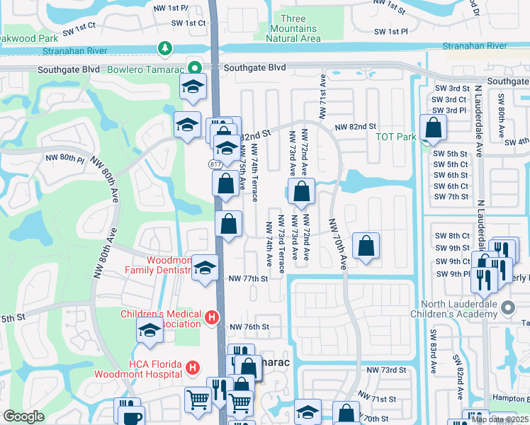 map of restaurants, bars, coffee shops, grocery stores, and more near 8002 Northwest 74th Terrace in Tamarac
