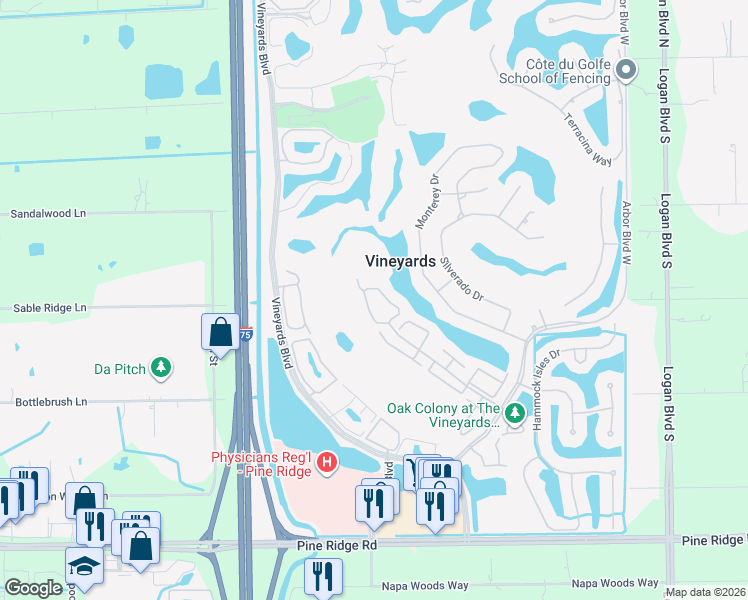 map of restaurants, bars, coffee shops, grocery stores, and more near 140975 Silver Oaks Circle in Naples