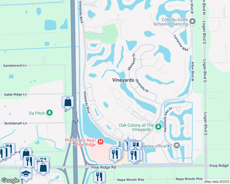 map of restaurants, bars, coffee shops, grocery stores, and more near 97 Silver Oaks Circle in Naples