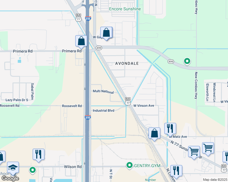 map of restaurants, bars, coffee shops, grocery stores, and more near 2104 Multi National in Harlingen
