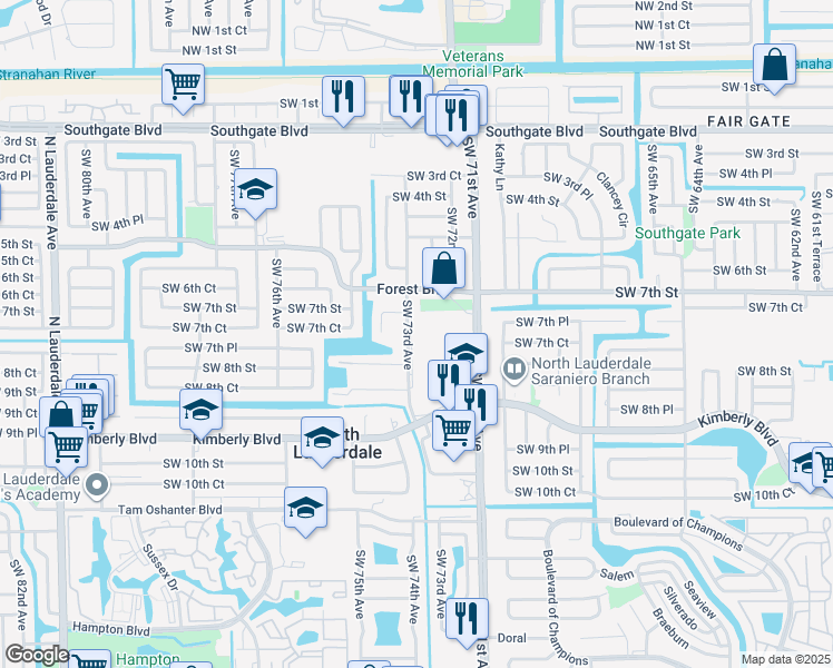 map of restaurants, bars, coffee shops, grocery stores, and more near 718 Southwest 73rd Avenue in North Lauderdale