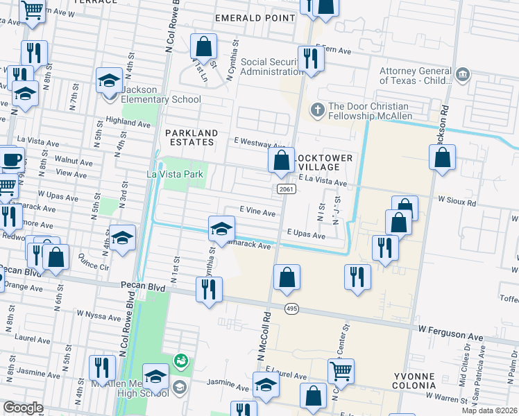 map of restaurants, bars, coffee shops, grocery stores, and more near 425 East Vine Avenue in McAllen