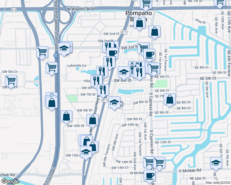 map of restaurants, bars, coffee shops, grocery stores, and more near 667 Southwest 3rd Avenue in Pompano Beach