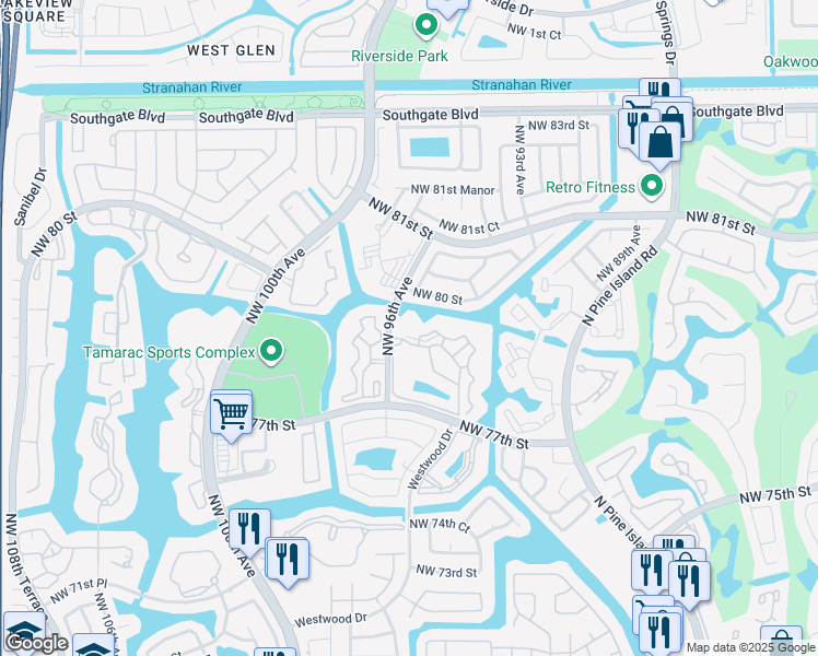map of restaurants, bars, coffee shops, grocery stores, and more near 9599 Weldon Circle in Tamarac