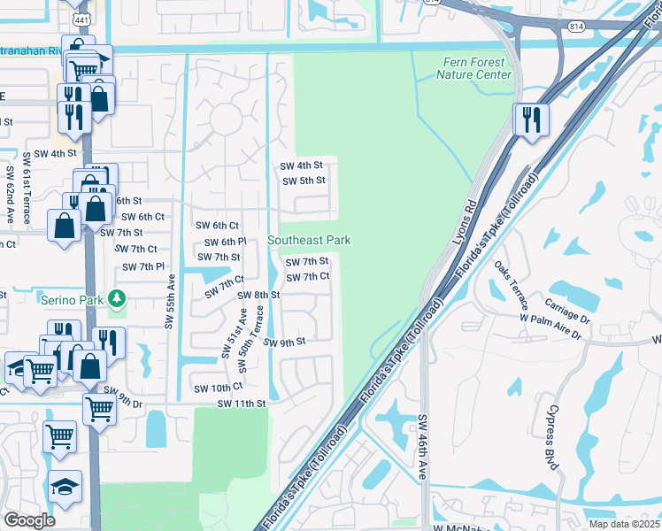 map of restaurants, bars, coffee shops, grocery stores, and more near 4956 Southwest 7th Street in Margate