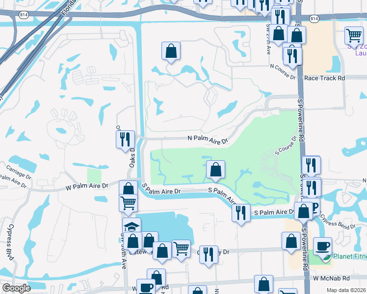 map of restaurants, bars, coffee shops, grocery stores, and more near 3100 North Palm Aire Drive in Pompano Beach