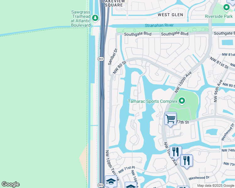 map of restaurants, bars, coffee shops, grocery stores, and more near 7663 Trent Drive in Tamarac