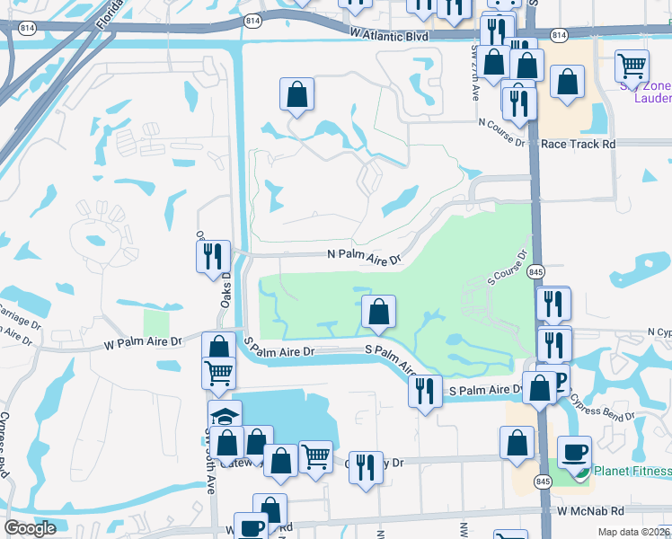 map of restaurants, bars, coffee shops, grocery stores, and more near 3050 North Palm Aire Drive in Pompano Beach