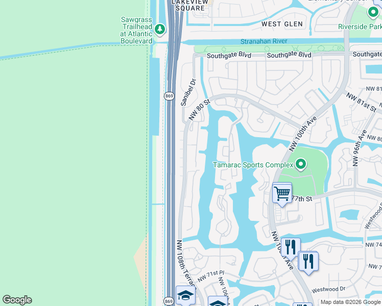 map of restaurants, bars, coffee shops, grocery stores, and more near 7663 Trent Drive in Tamarac