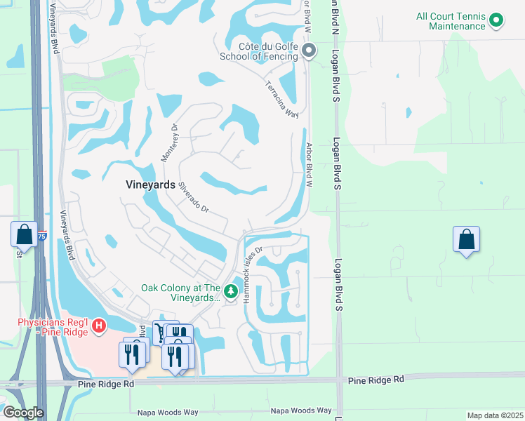 map of restaurants, bars, coffee shops, grocery stores, and more near 6599 Glen Arbor Way in Naples