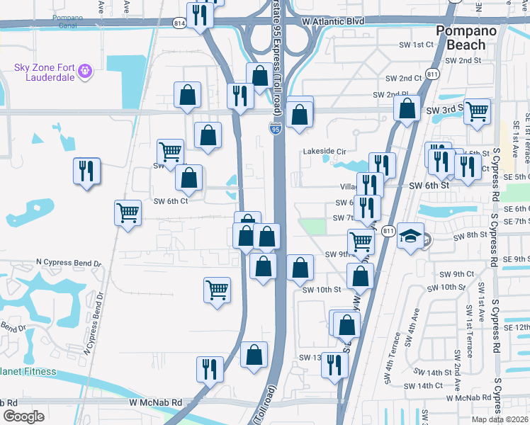 map of restaurants, bars, coffee shops, grocery stores, and more near 625 Southwest 9th Terrace in Pompano Beach