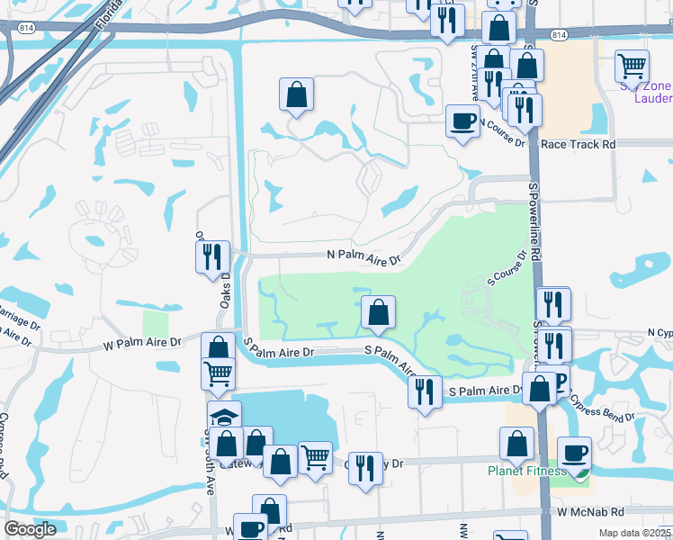 map of restaurants, bars, coffee shops, grocery stores, and more near 3050 North Palm Aire Drive in Pompano Beach