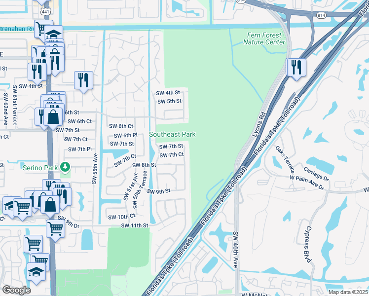 map of restaurants, bars, coffee shops, grocery stores, and more near 4956 Southwest 7th Street in Margate
