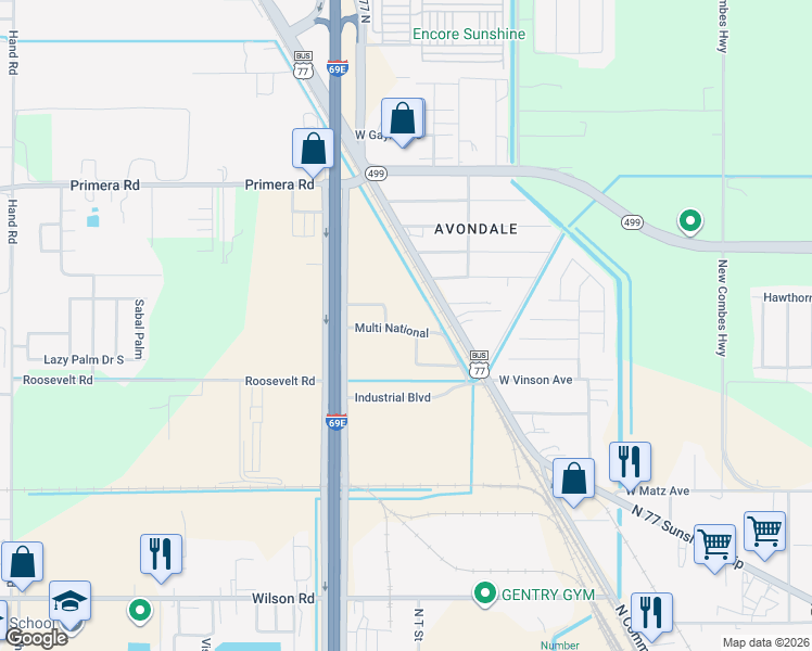 map of restaurants, bars, coffee shops, grocery stores, and more near Northridge Avenue in Harlingen